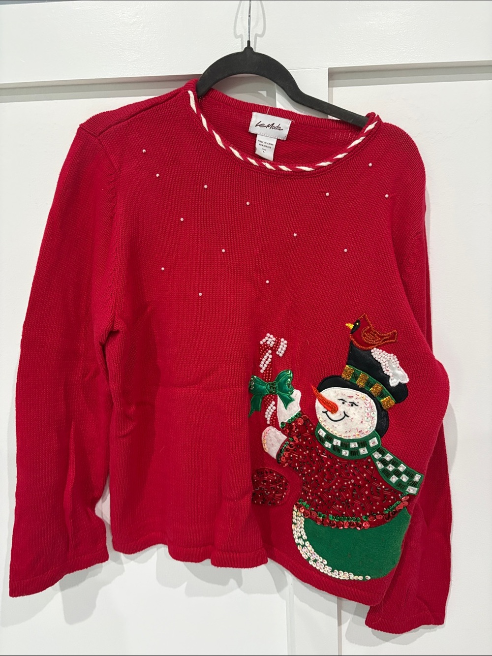 Red Holiday Snowman Embellished Crewneck Sweater by Lee Petite